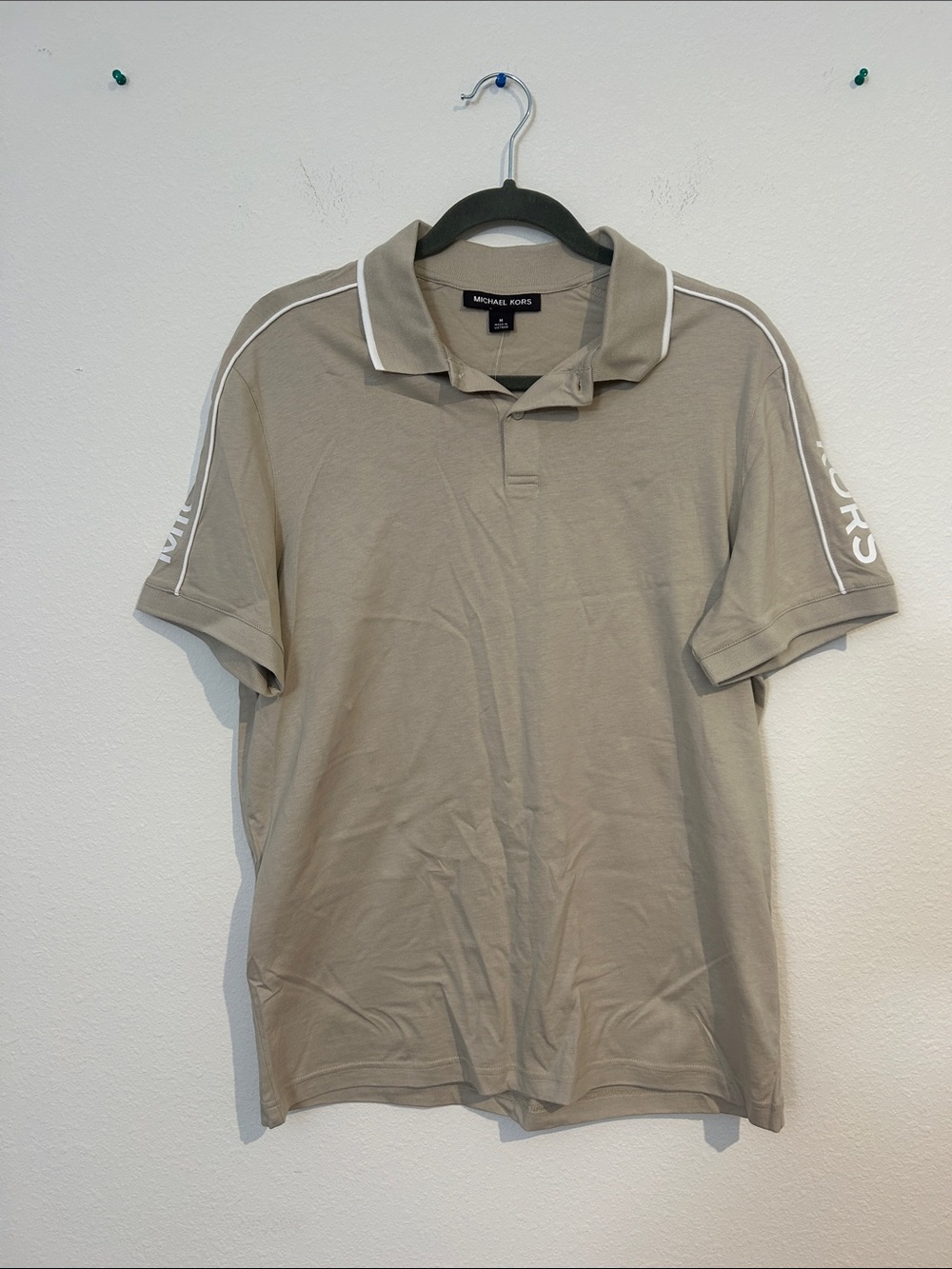 Michael Kors Taupe Polo with White Shoulder Piping and Logo